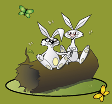 Två tecknade kaniner på en stock