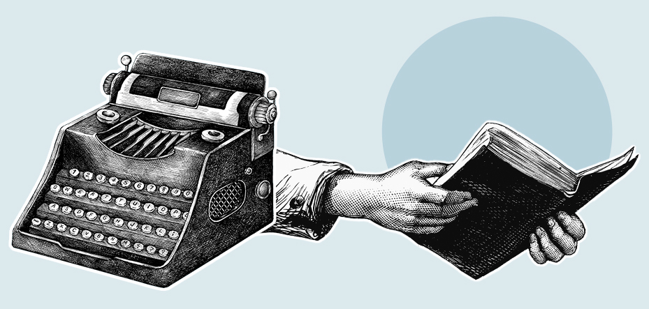 illustration av äldre skrivmaskin, och händer som håller i en bok. 